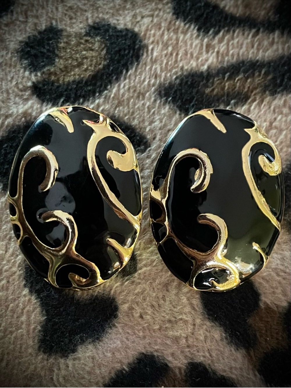 Vintage Black Gold Scroll Gothic post enamel earrings